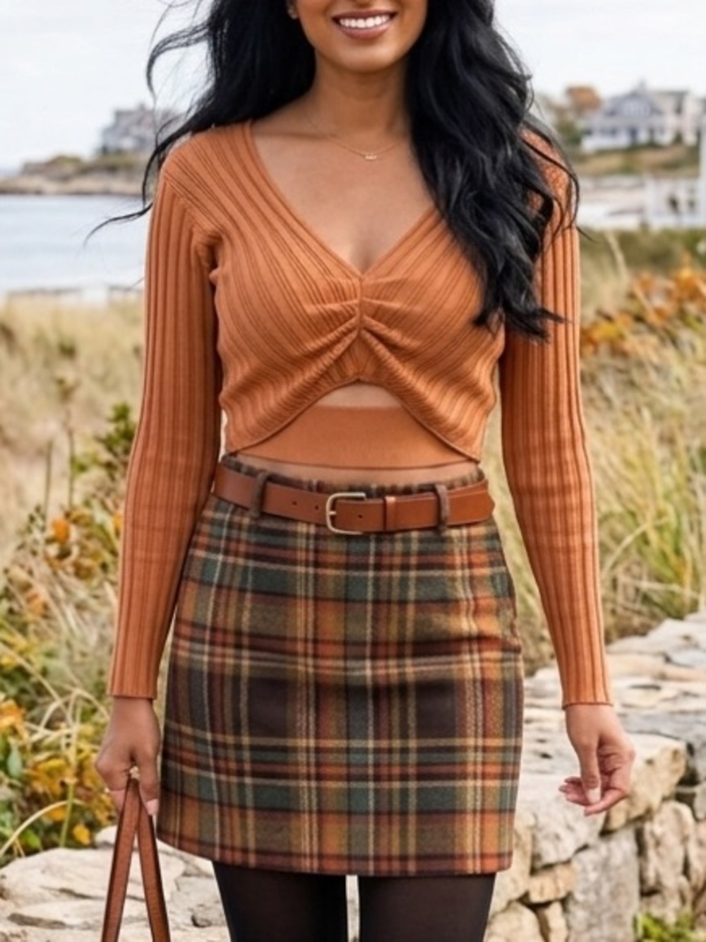 Michelle Mason Cropped Ribbed Knit Cutout Long Sleeve V-Neck Top Size Small